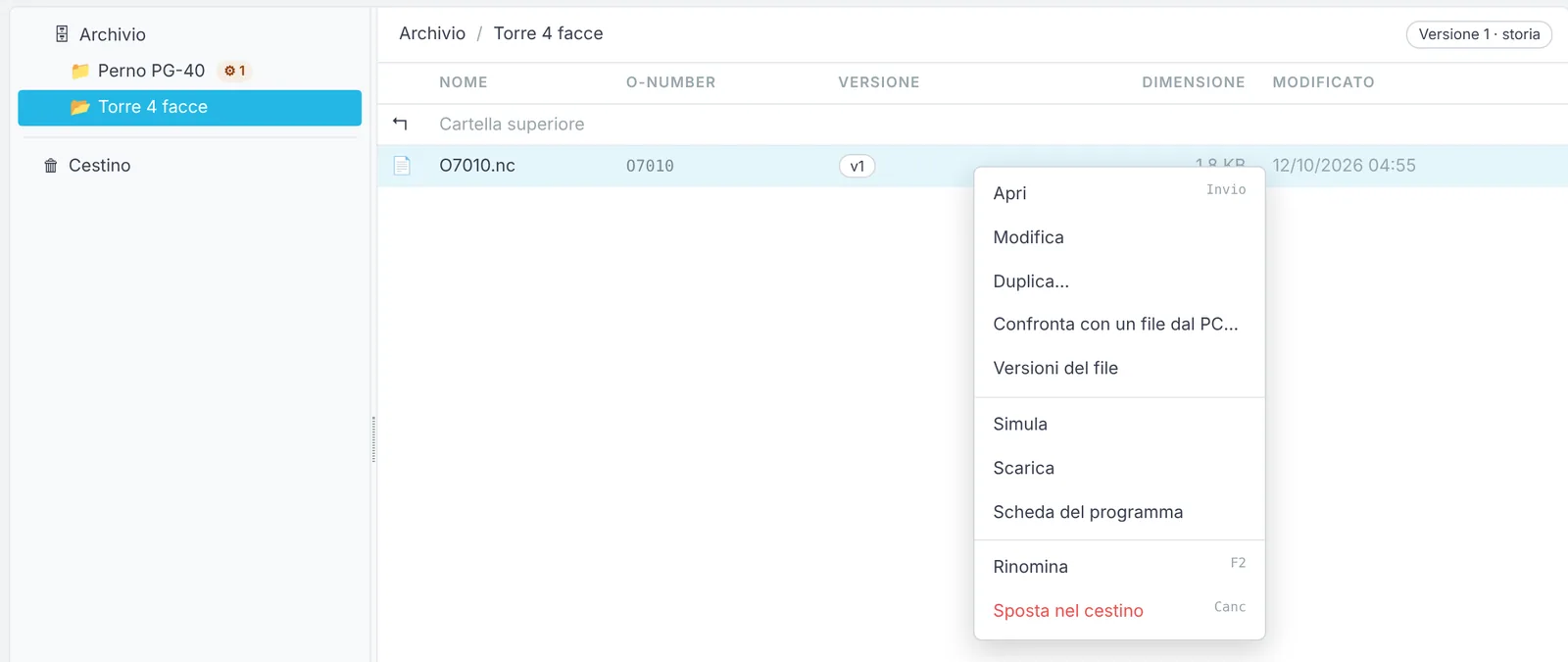 Archivio dei programmi CNC: tasto destro su un programma, voce Simula
